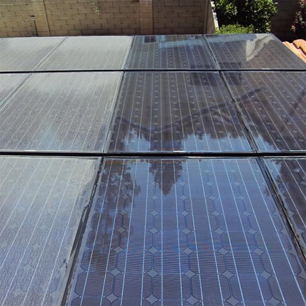 Close-up comparison of a cleaned versus dust-covered panel