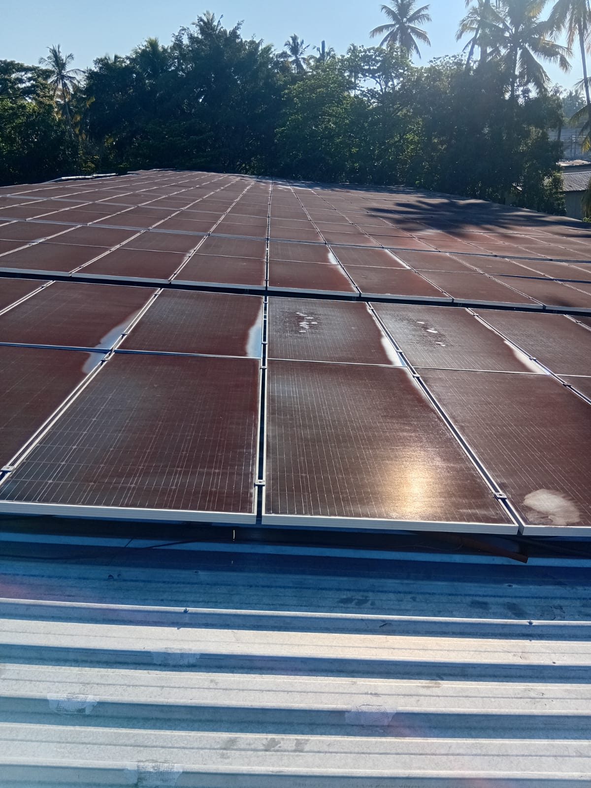 Rooftop solar array before cleaning, covered in reddish residue